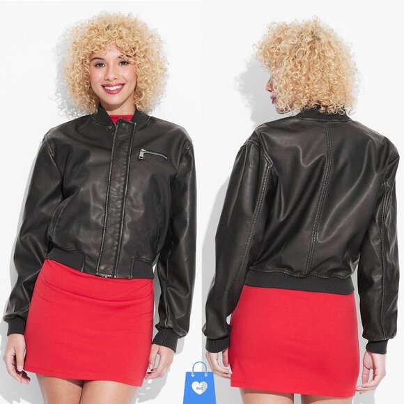 Large - Womens Faux Leather Cropped Bomber Jacket - Wild Fable - Black - Picture 1 of 5